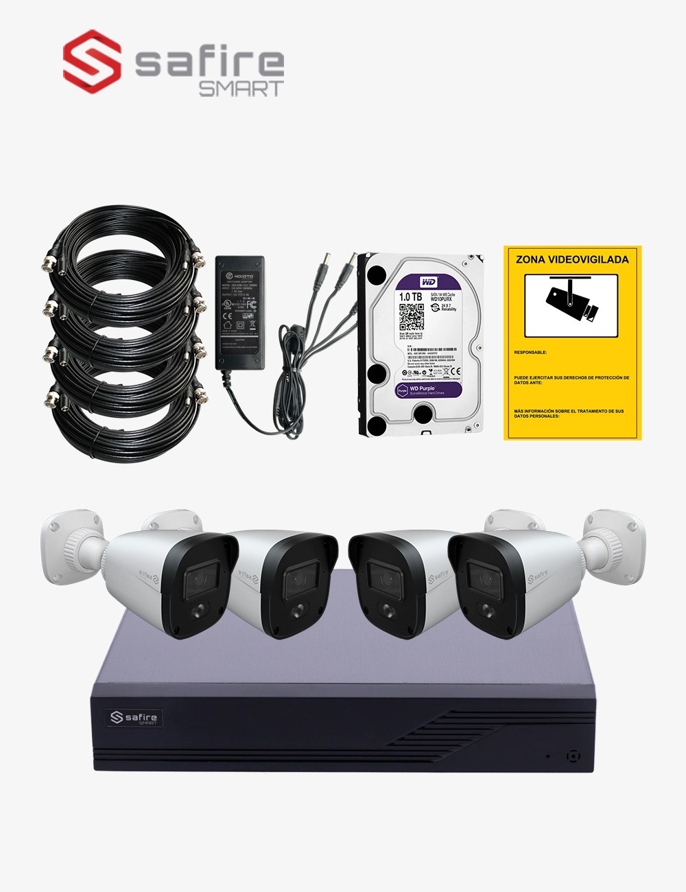 Kit CCTV SAFIRE autoinstalable 4 cámaras bullet ECO+