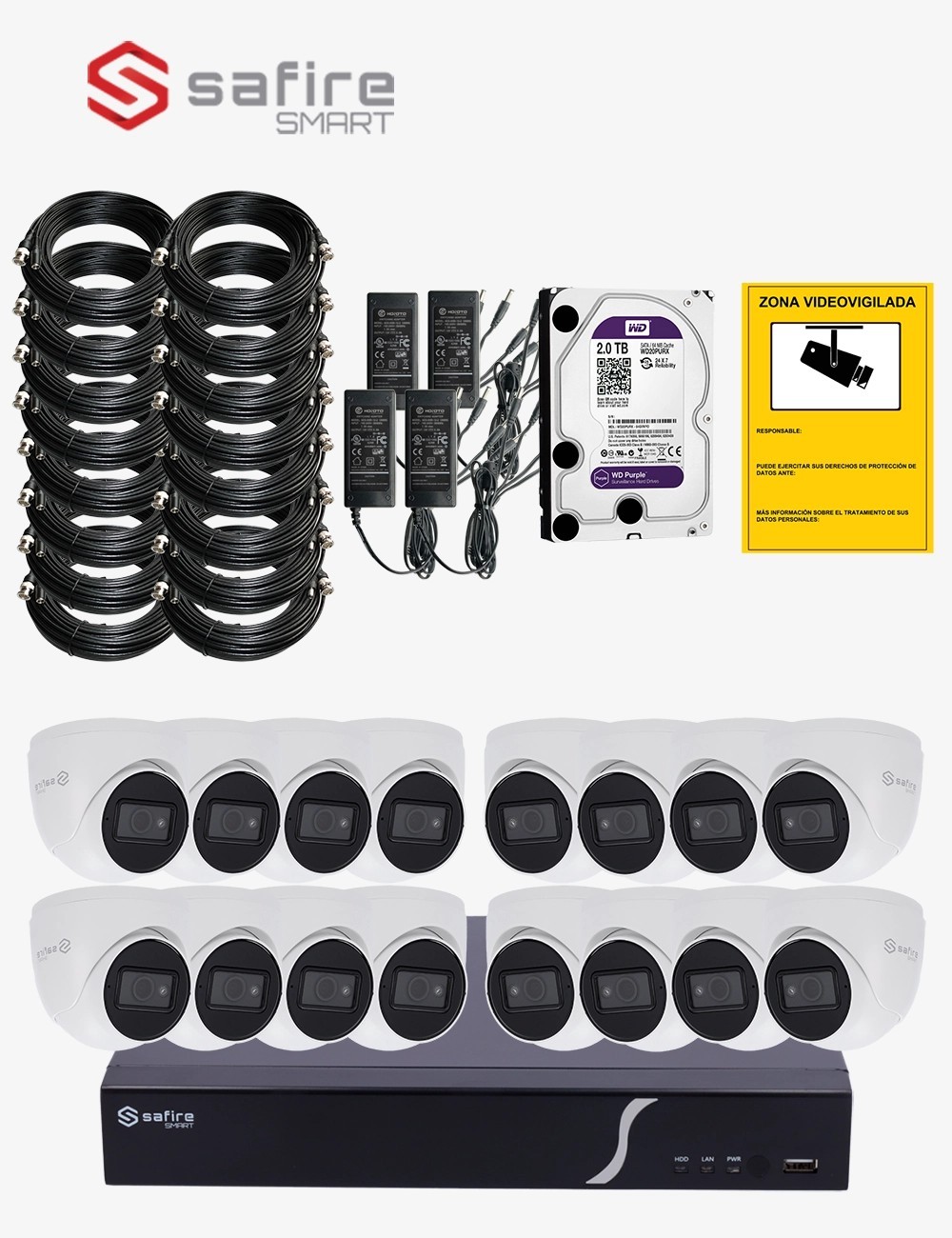 Kit CCTV SAFIRE autoinstalable 16 cámaras turret MED