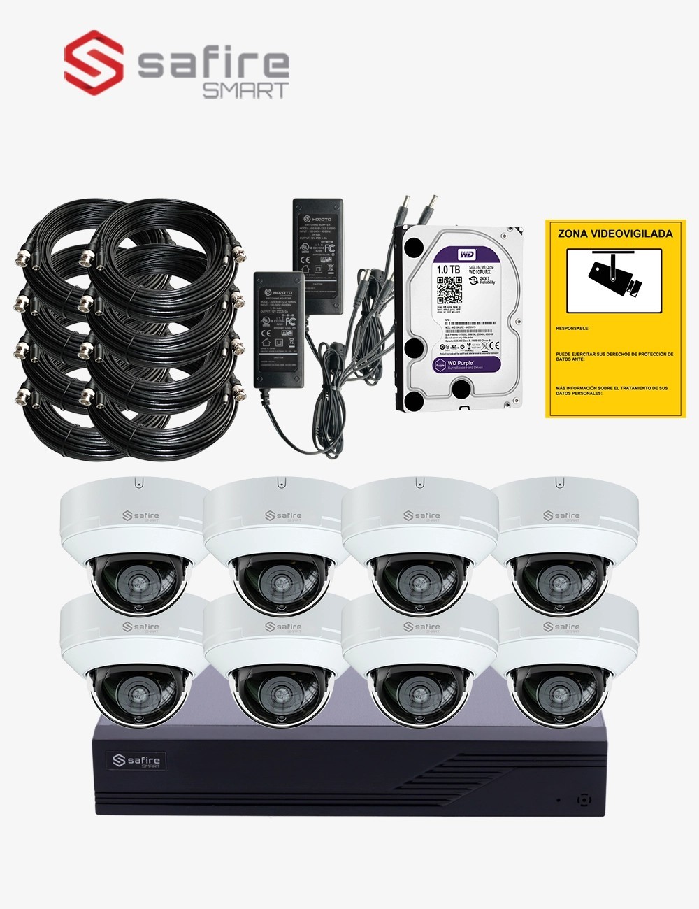 Kit CCTV SAFIRE autoinstalable 8 cámaras domo antivandálicas ECO+