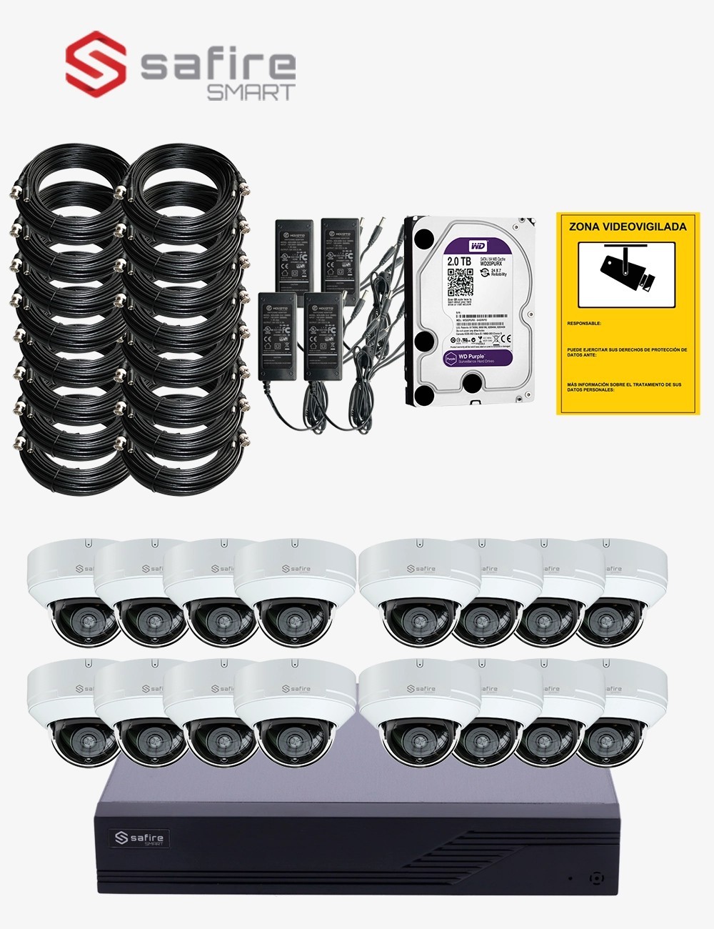 Kit CCTV SAFIRE autoinstalable 16 cámaras domo antivandálicas ECO+