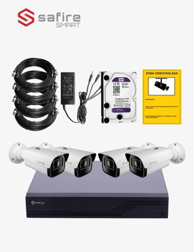 Kit CCTV SAFIRE autoinstalable 4 cámaras bullet varifocales antivandálicas ECO+