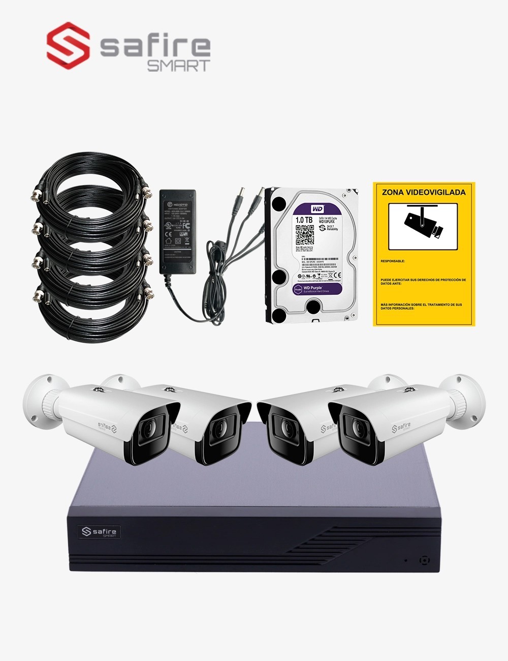 Kit CCTV SAFIRE autoinstalable 4 cámaras bullet varifocales antivandálicas ECO+