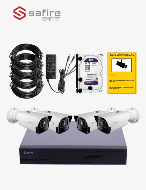 Kit CCTV SAFIRE autoinstalable 4 cámaras bullet varifocales antivandálicas ECO+