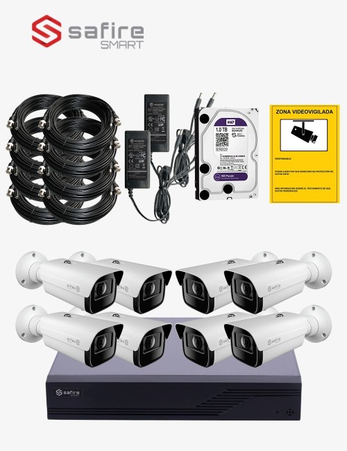 Kit CCTV SAFIRE autoinstalable 8 cámaras bullet varifocales antivandálicas ECO+