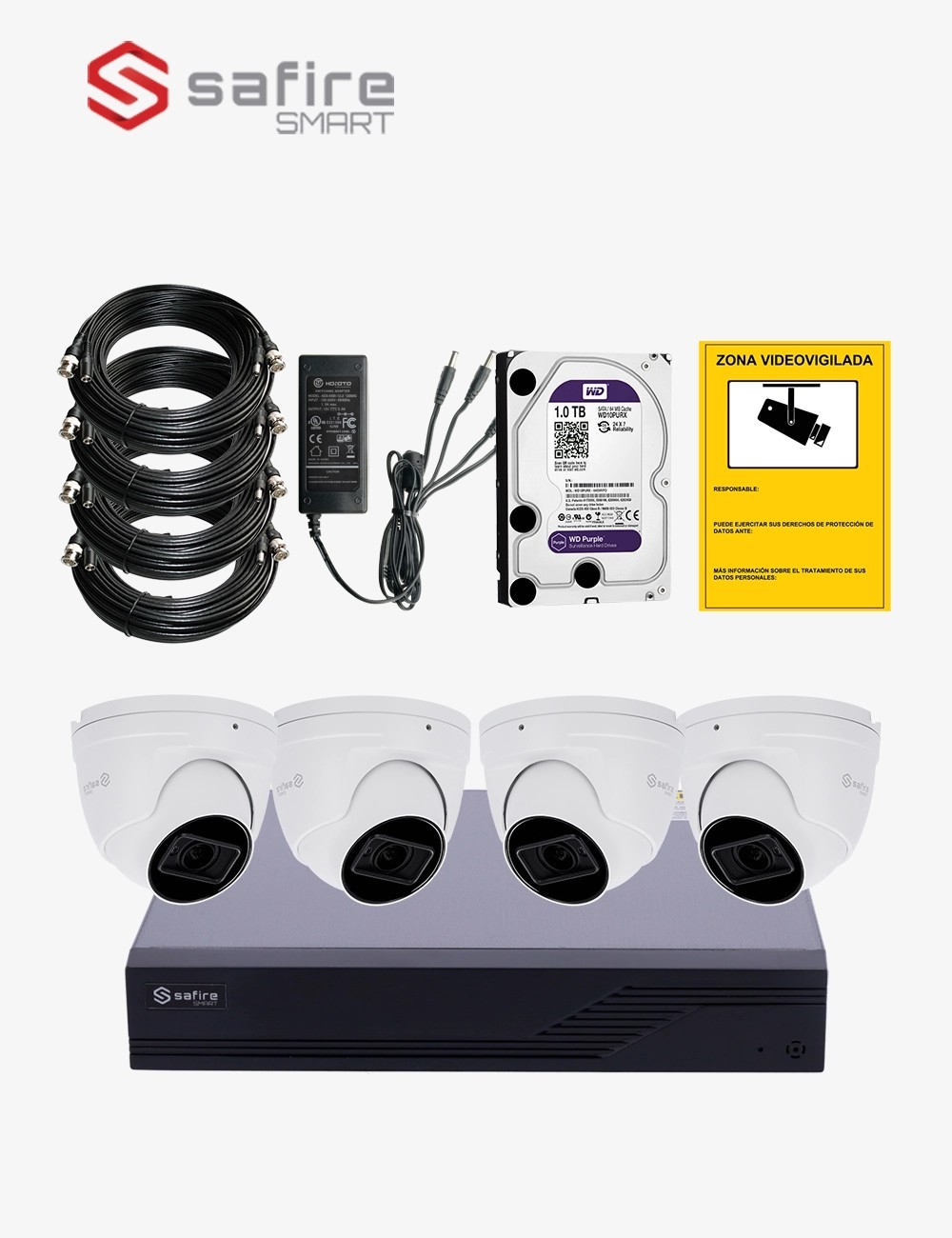 Kit CCTV SAFIRE autoinstalable 4 cámaras turret varifocales MED