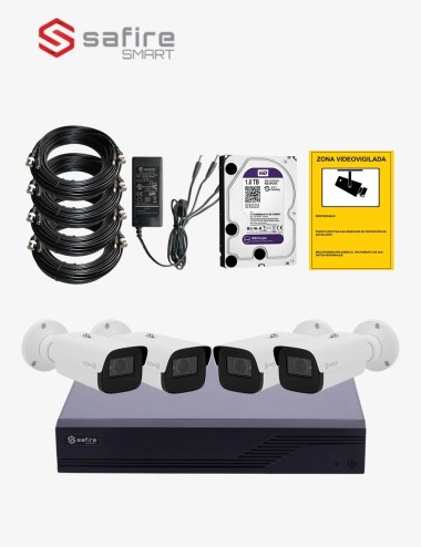Kit CCTV SAFIRE autoinstalable 4 cámaras bullet varifocales MED