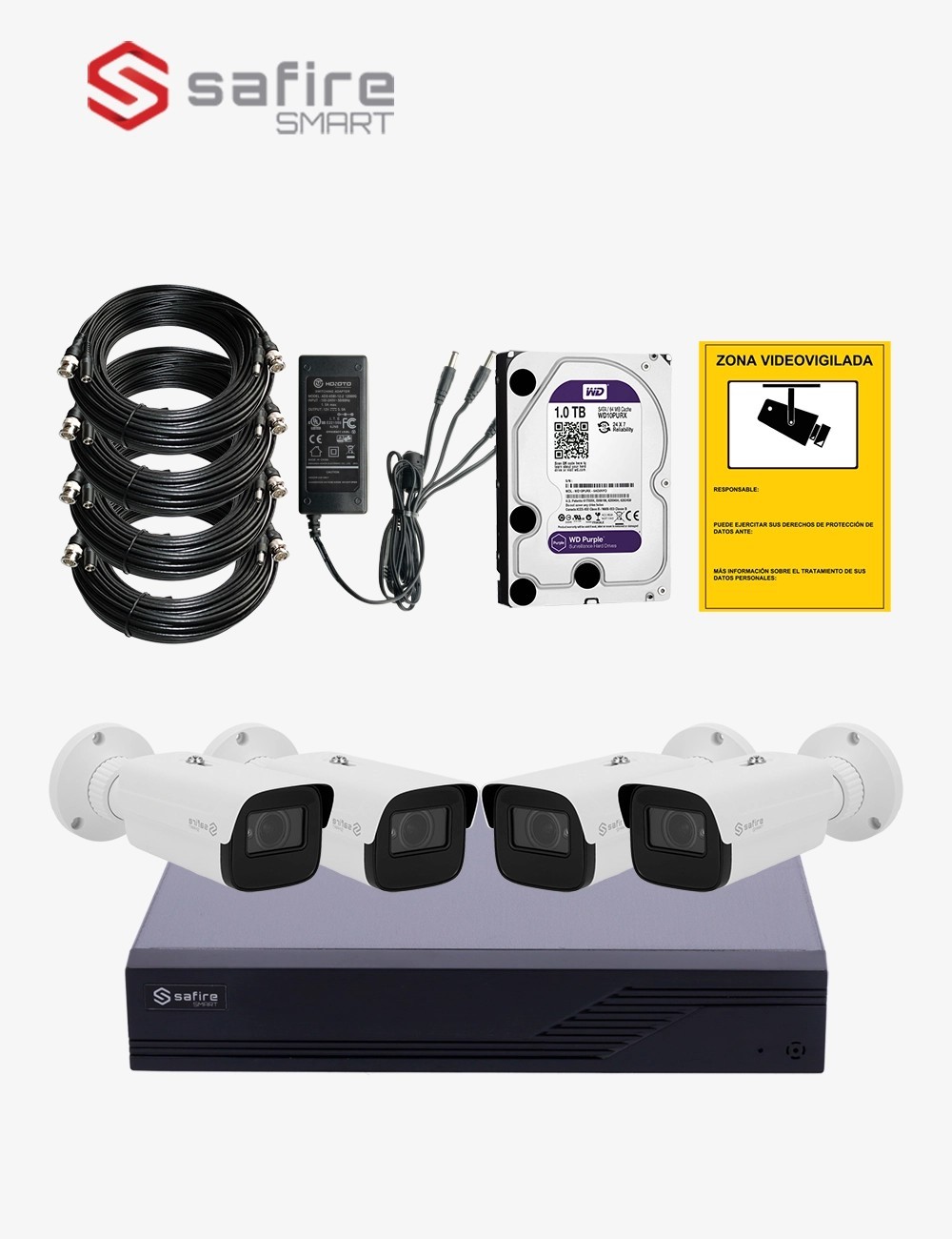 Kit CCTV SAFIRE autoinstalable 4 cámaras bullet varifocales MED