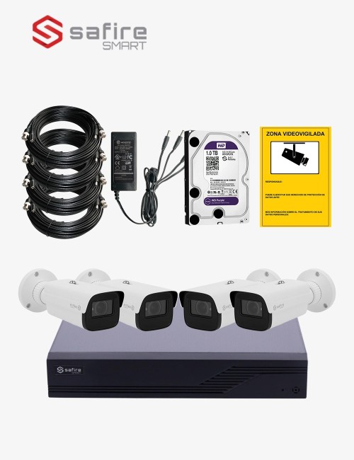Kit CCTV SAFIRE autoinstalable 4 cámaras bullet varifocales MED