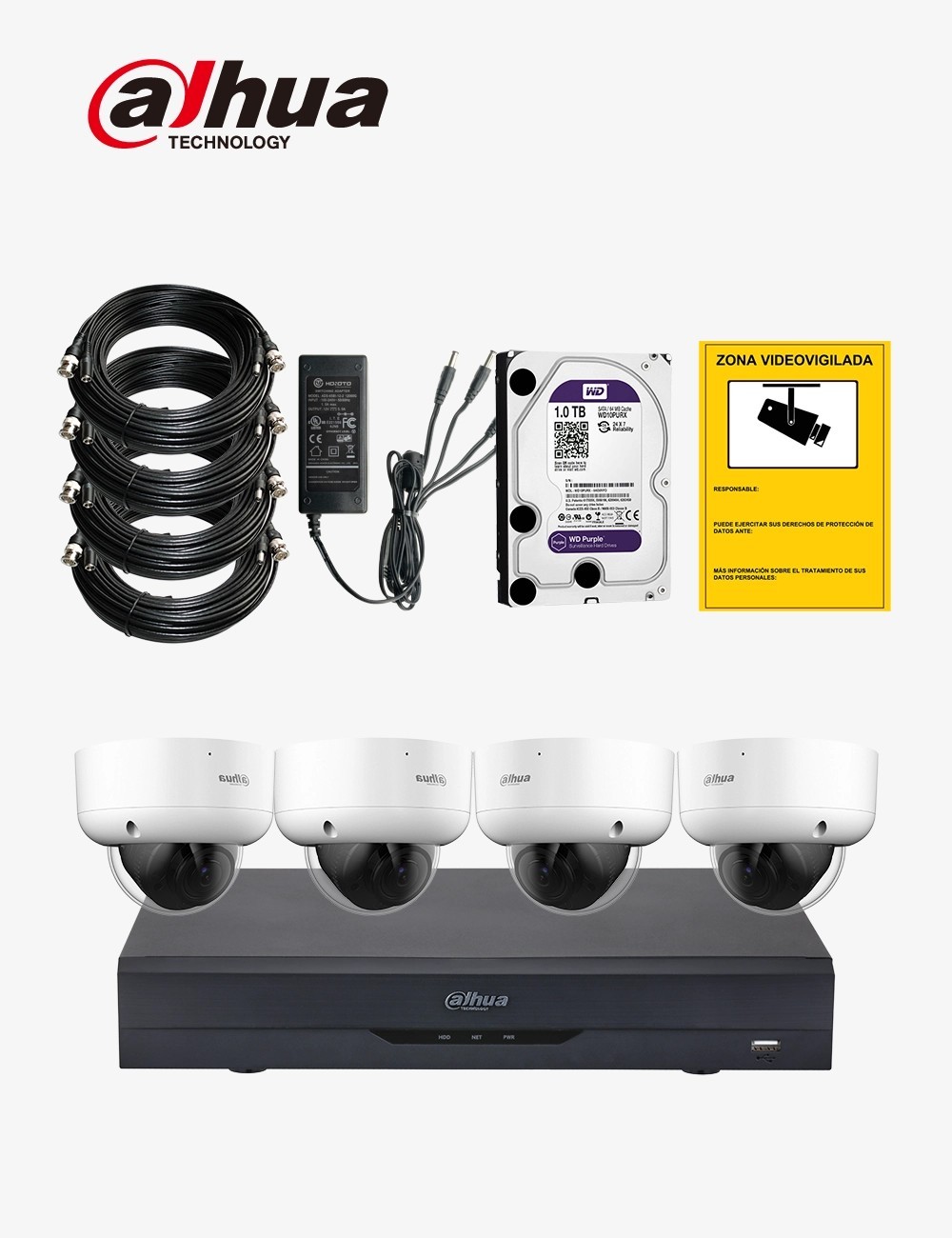 Kit CCTV DAHUA autoinstalable 4 cámaras domo varifocales antivandálicas WDR ECO+