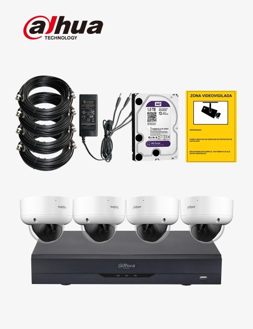 Kit CCTV DAHUA autoinstalable 4 cámaras domo varifocales antivandálicas WDR ECO+